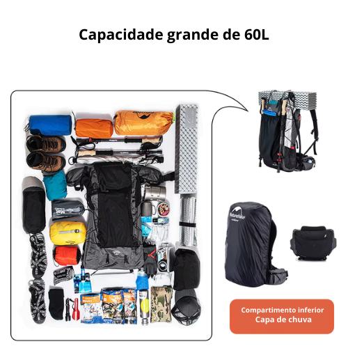 Mochila de caminhada impermeável Naturehike Rock 60+5l, cor: preto, design de tecido, 60l